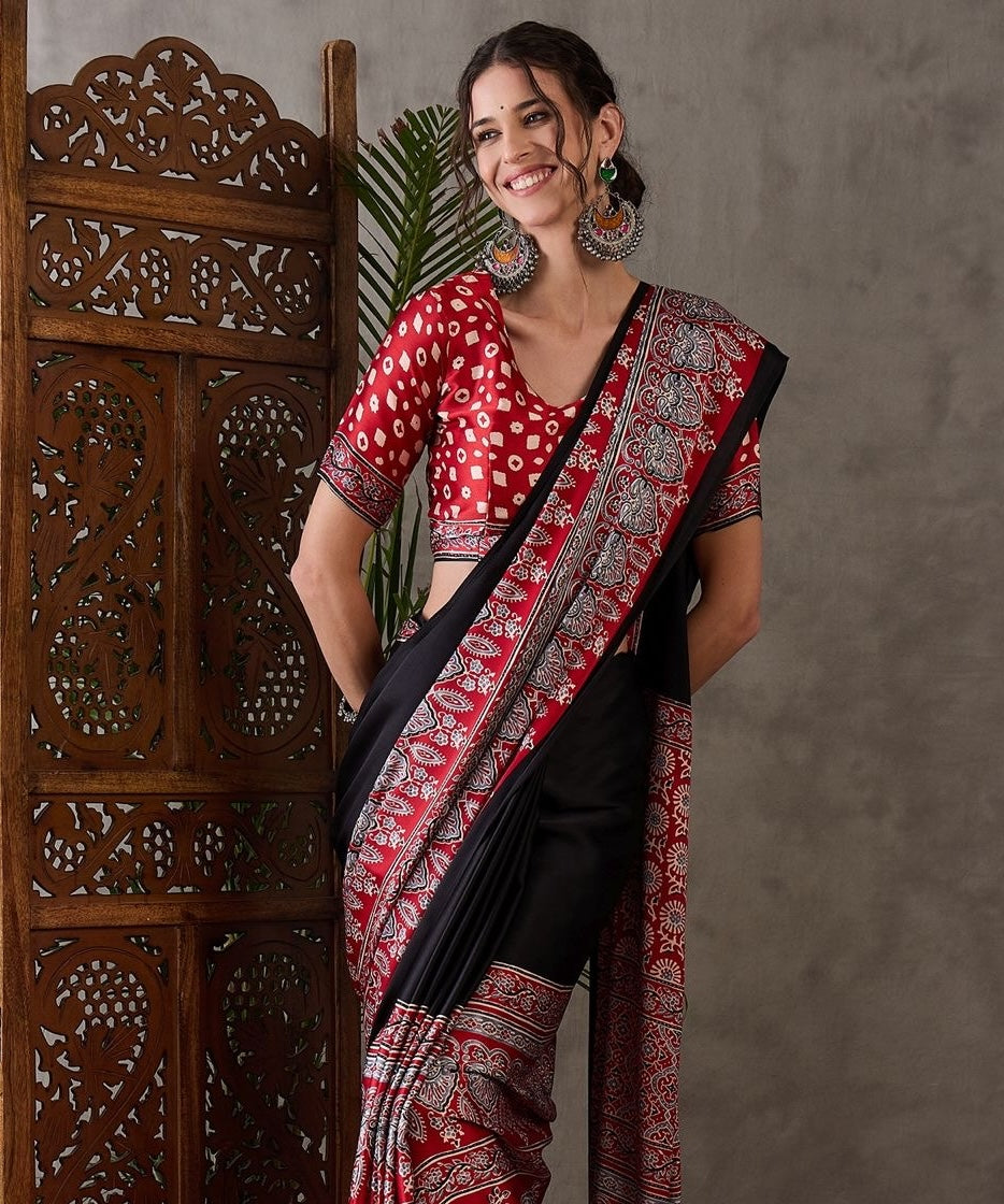 Black & Red Crepe Silk Normal Drape Saree - Panaash Saree
