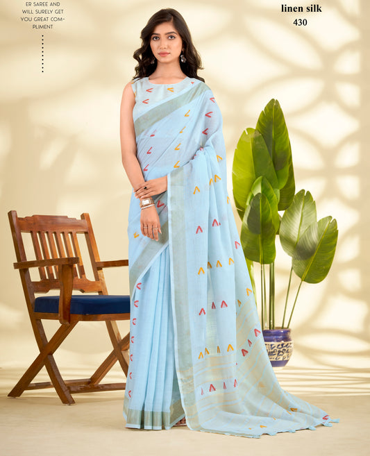 Blue Linen Silk Office Wear Easy/Readymade Saree