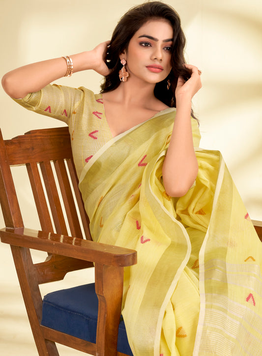Yellow Linen Silk Office Wear Easy/Readymade Saree