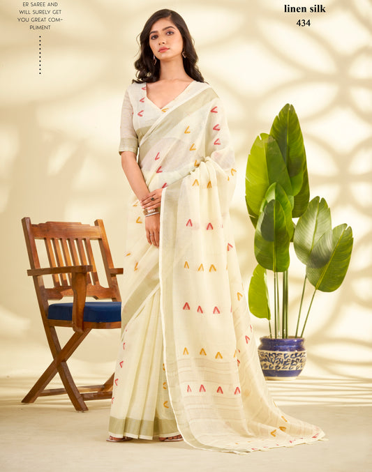 Off-White Linen Silk Office Wear Easy/Readymade Saree