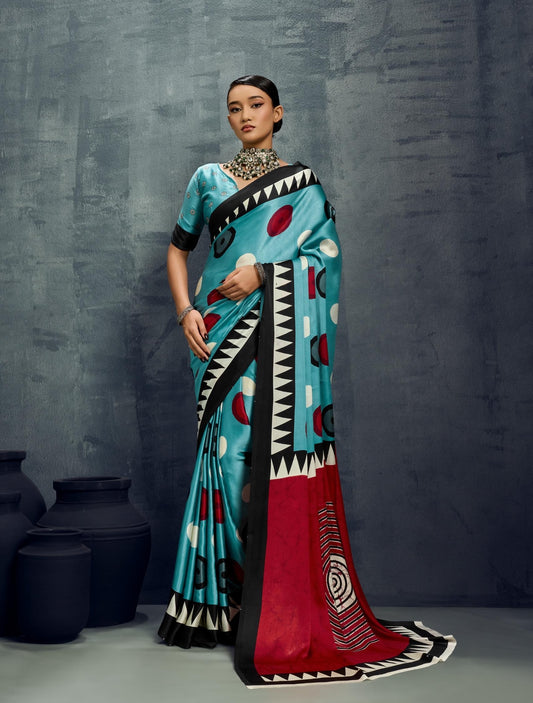 Turquoise blue Crepe Silk Readymade/Easy Saree