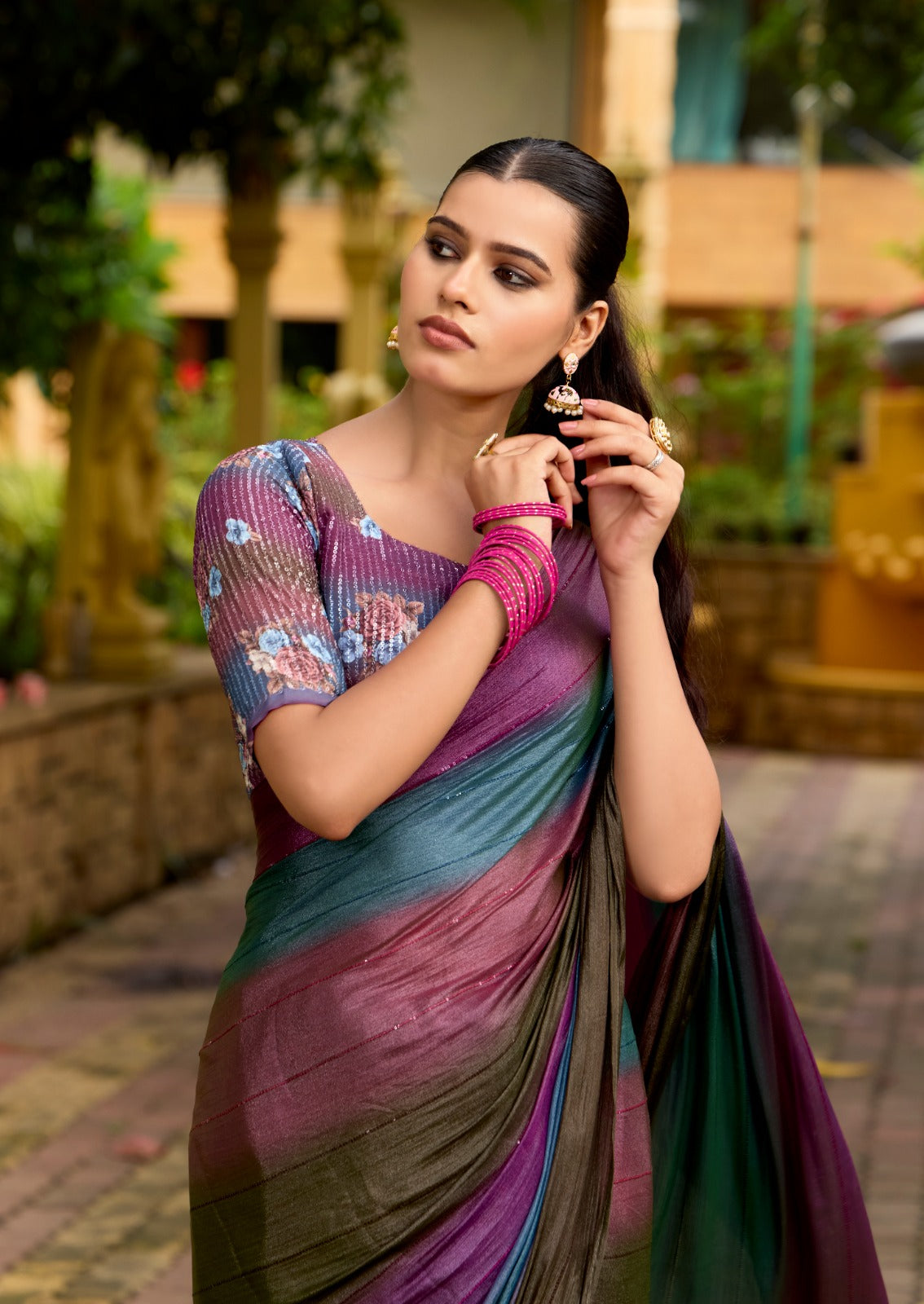 Multicolor ombre Georgette Readymade/Easy Saree