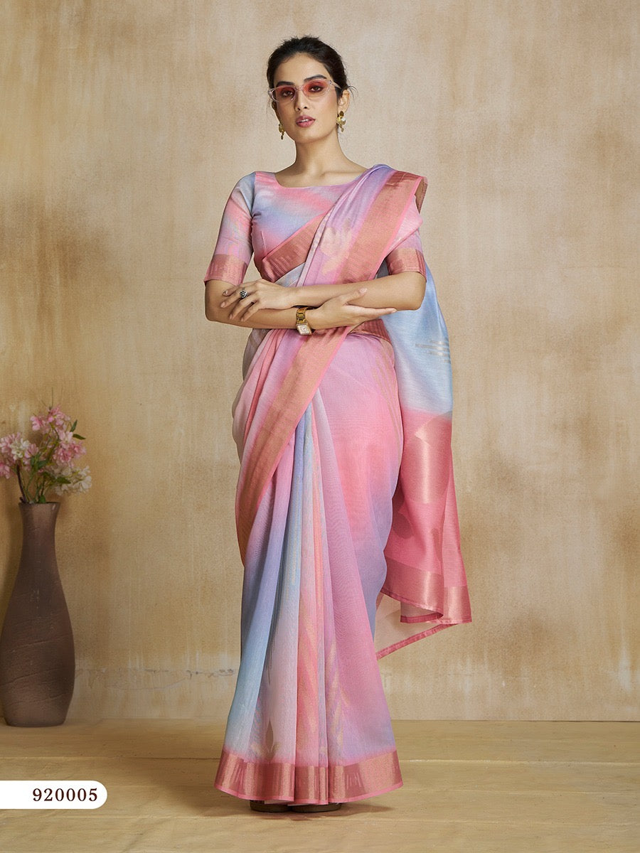 Light Pink Tone Digital Print Silk Readymade/Easy Saree