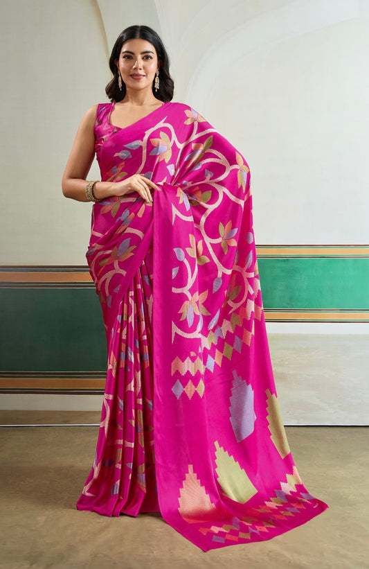 Pink Crepe Silk Readymade/Easy Saree