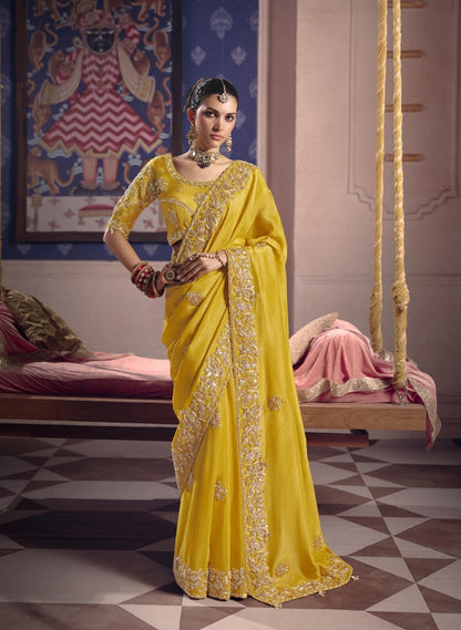 Bright Yellow Designer Silk Ready To Wear/Easy Saree by Stylebypanaash