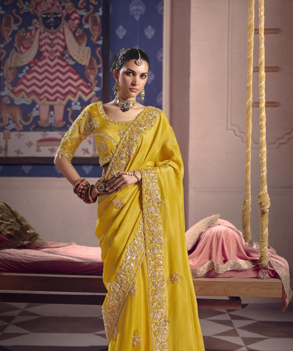 Bright Yellow Designer Silk Ready To Wear/Easy Saree by Stylebypanaash