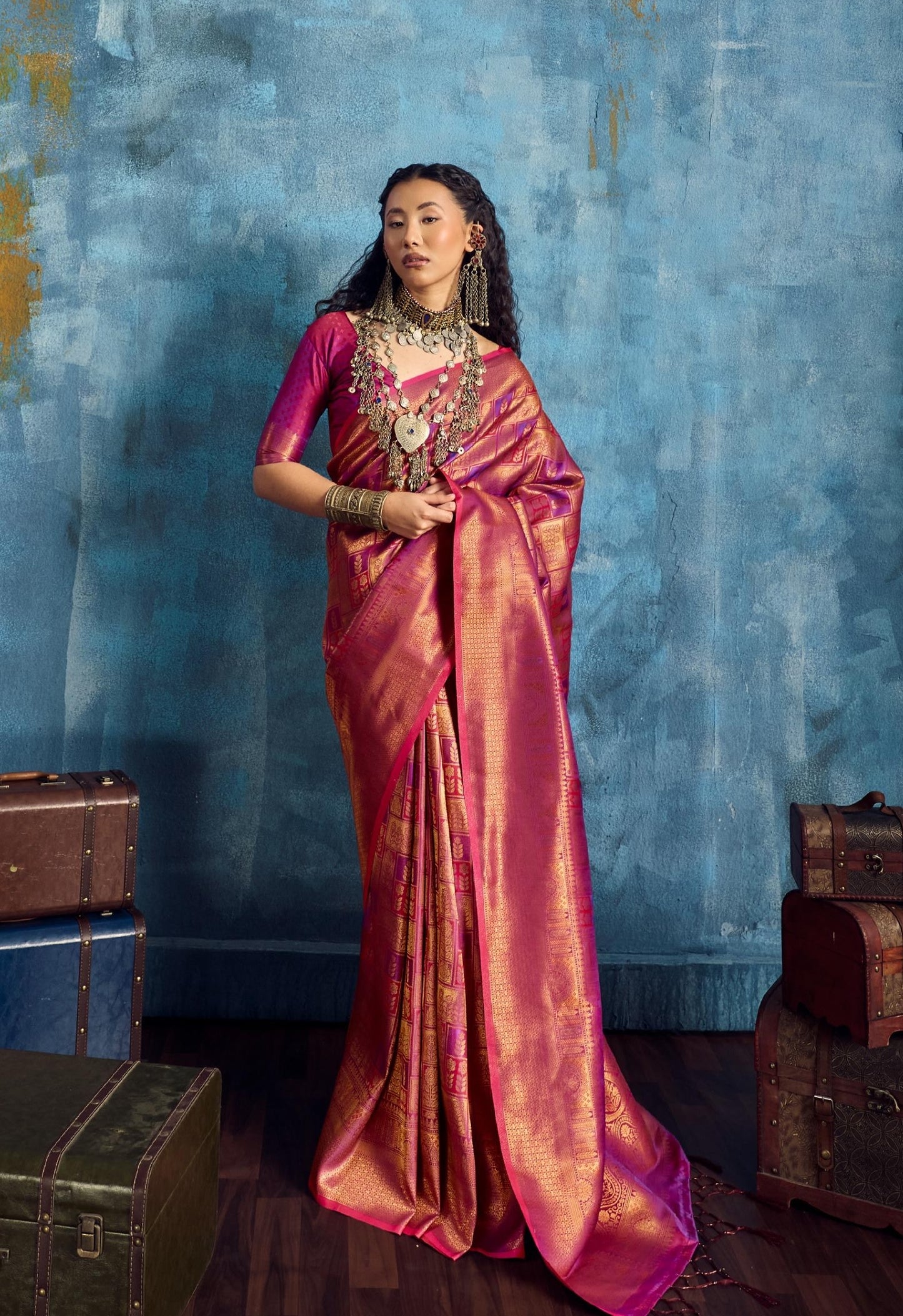 Deep Pink Kanjivaram Silk Ready to wear/Easy Saree - Panaash Saree
