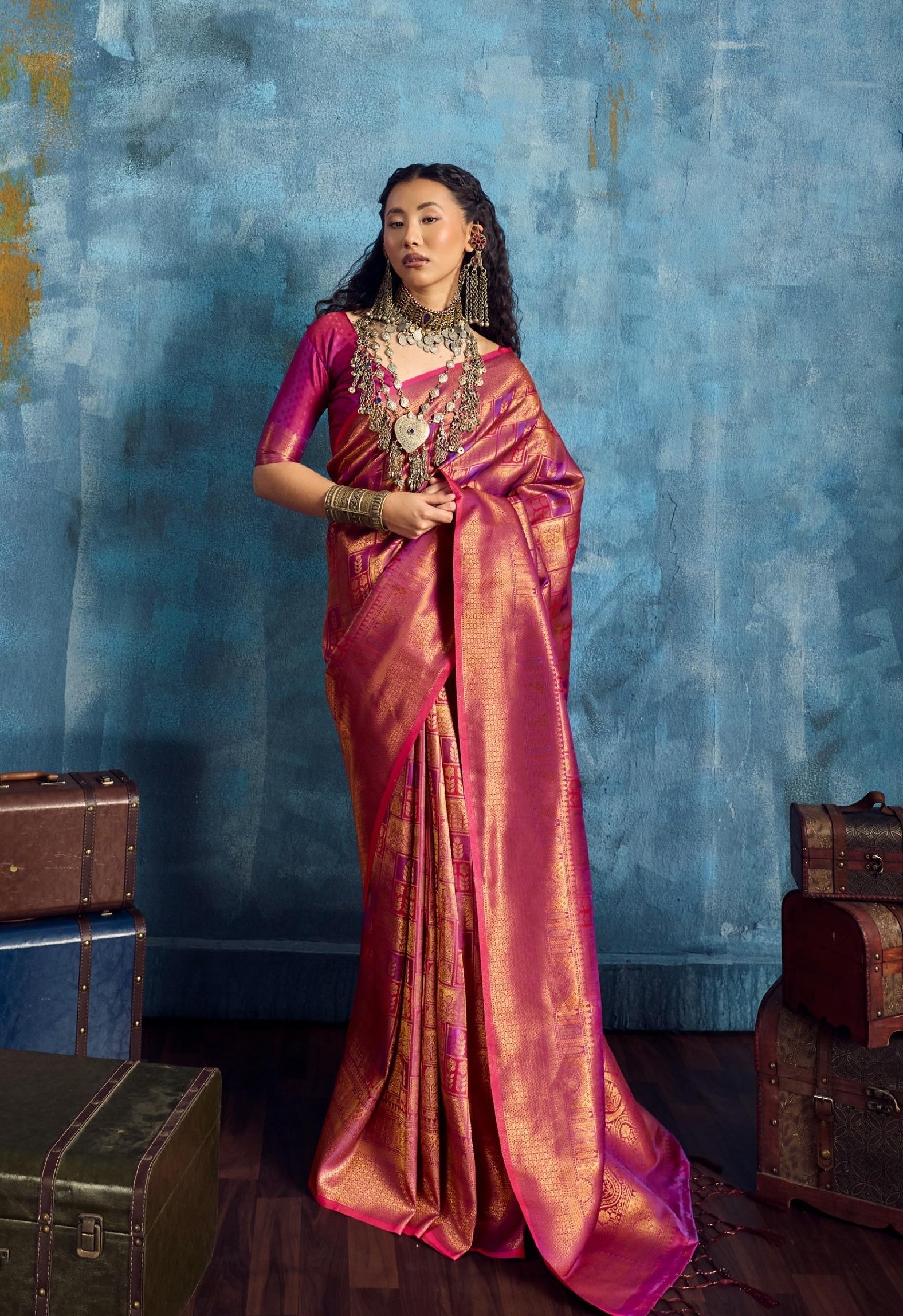 Deep Pink Kanjivaram Silk Ready to wear/Easy Saree - Panaash Saree