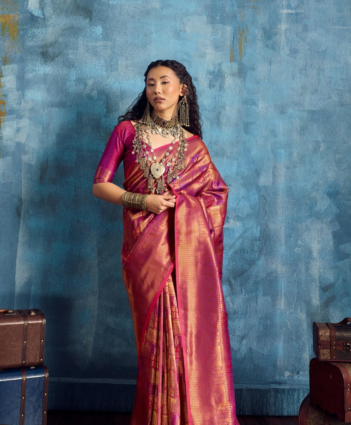 Deep Pink Kanjivaram Silk Ready to wear/Easy Saree - Panaash Saree