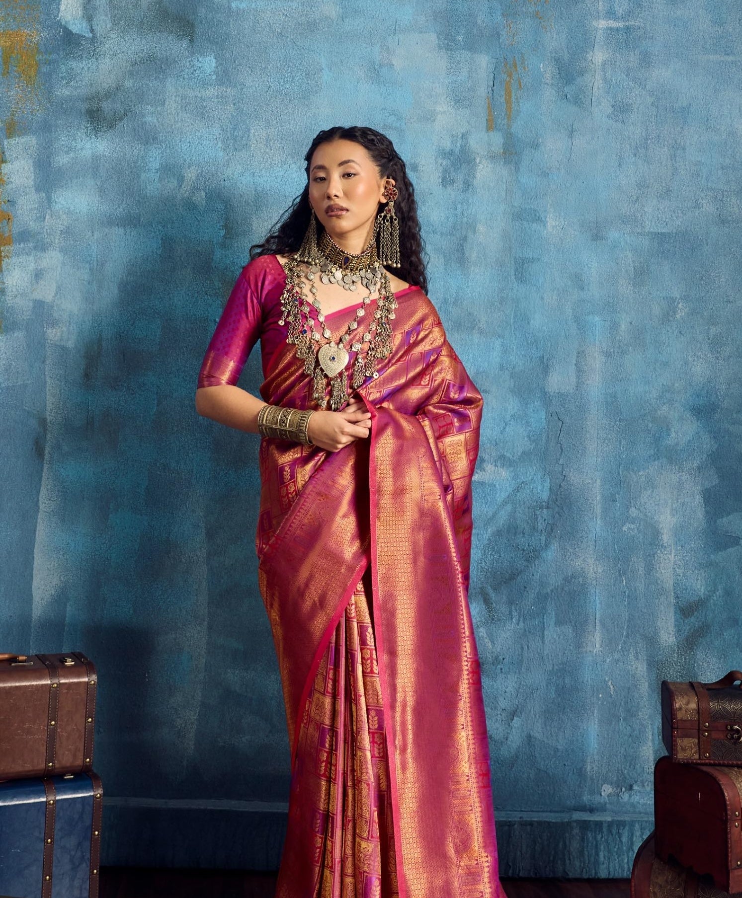 Deep Pink Kanjivaram Silk Ready to wear/Easy Saree - Panaash Saree