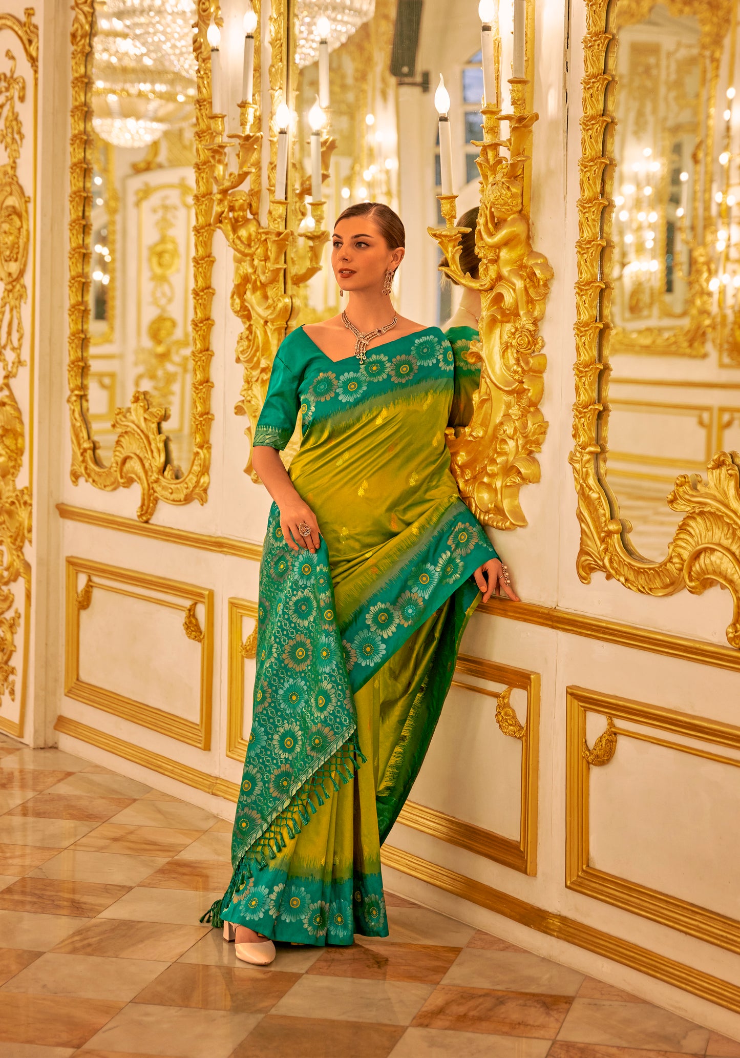 Light Green Banarasi Silk Readymade/Easy Saree