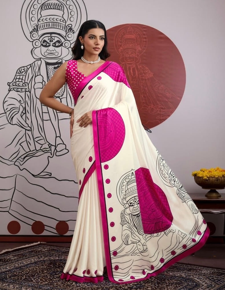 Pink and White Crepe Silk Readymade/Easy Saree