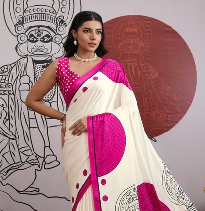 Pink and White Crepe Silk Readymade/Easy Saree