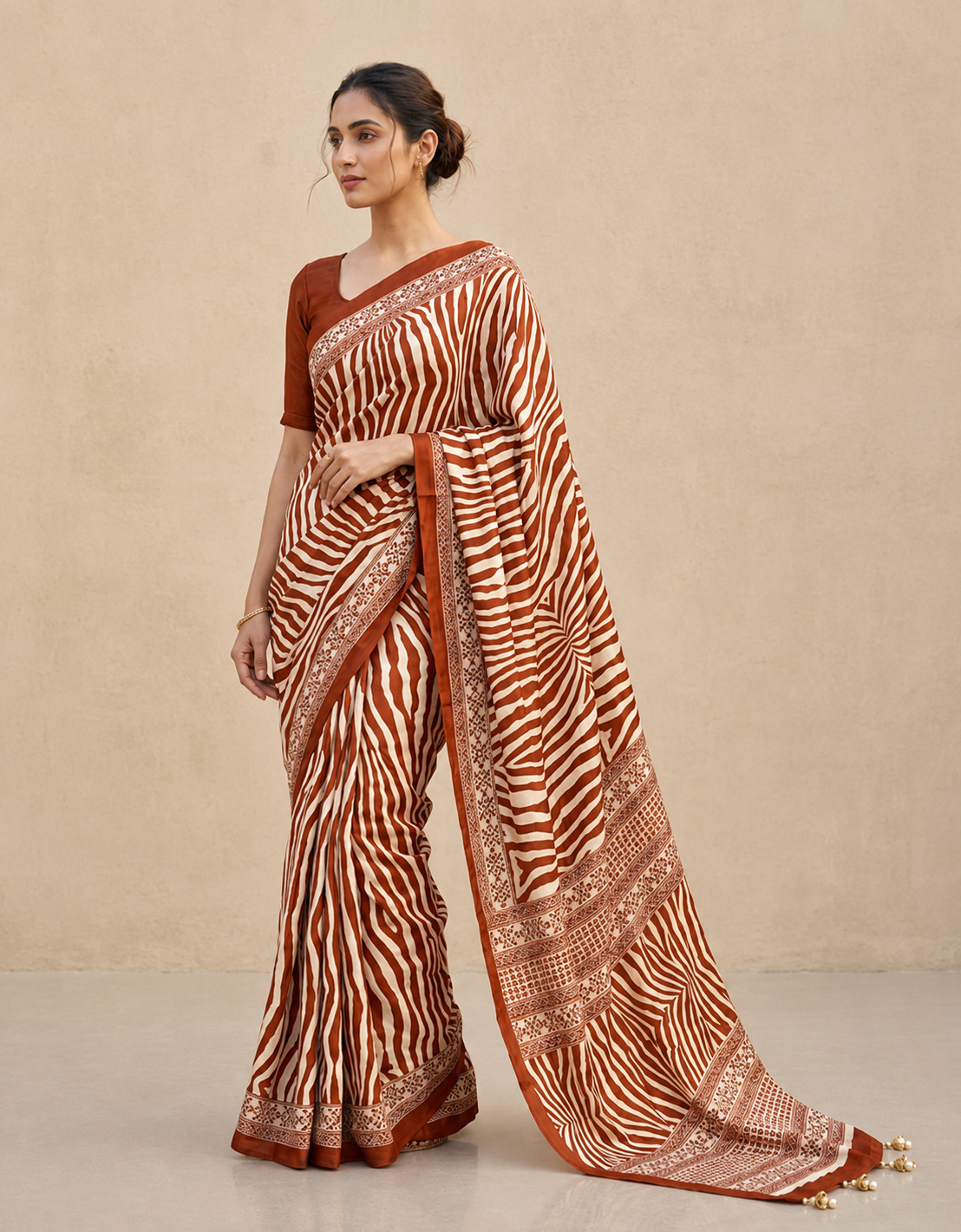Brown Crepe Silk Ready To Wear/Easy Saree by Stylebypanaash 