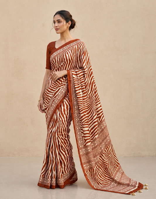 Brown Crepe Silk Ready To Wear/Easy Saree by Stylebypanaash 