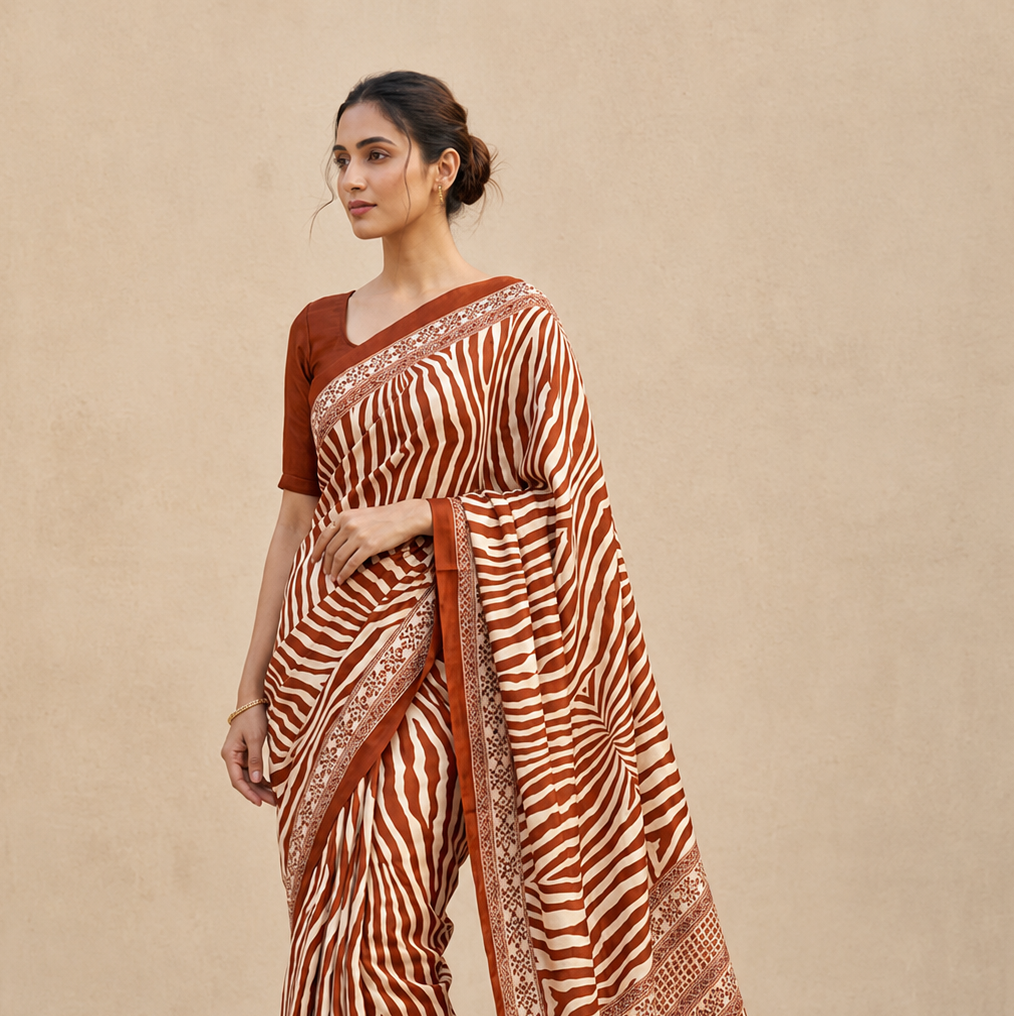 Brown Crepe Silk Ready To Wear/Easy Saree by Stylebypanaash 