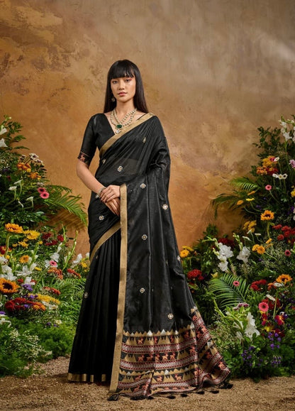 Black Munga Silk Ready To Wear/Easy Saree by Stylebypanaash
