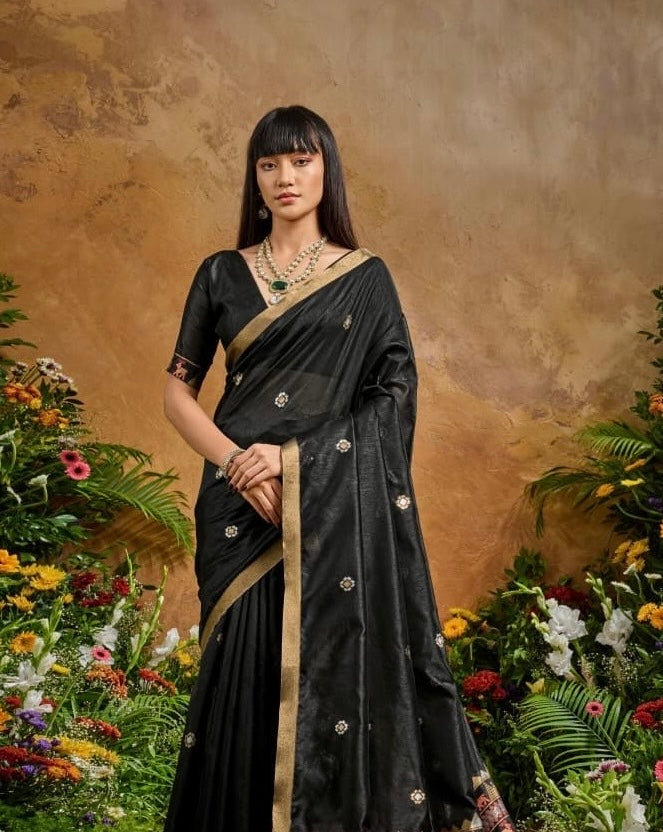 Black Munga Silk Ready To Wear/Easy Saree by Stylebypanaash
