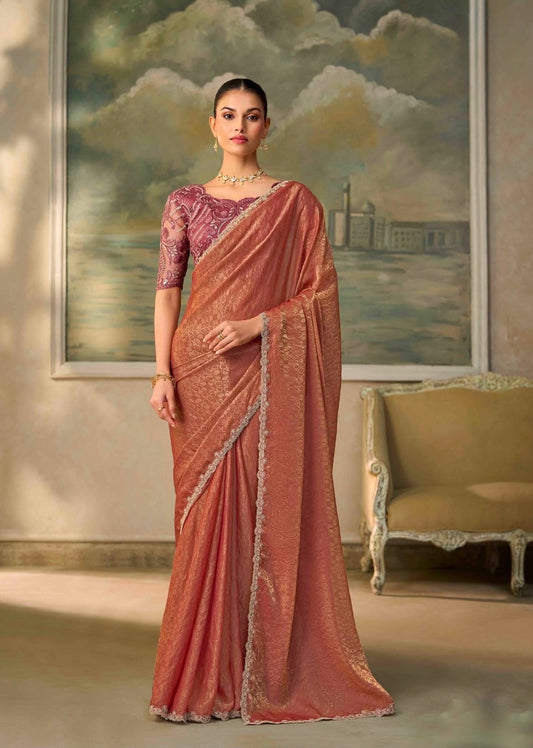 Copper peach draped saree, ready-to-wear, short sleeves, embellished border