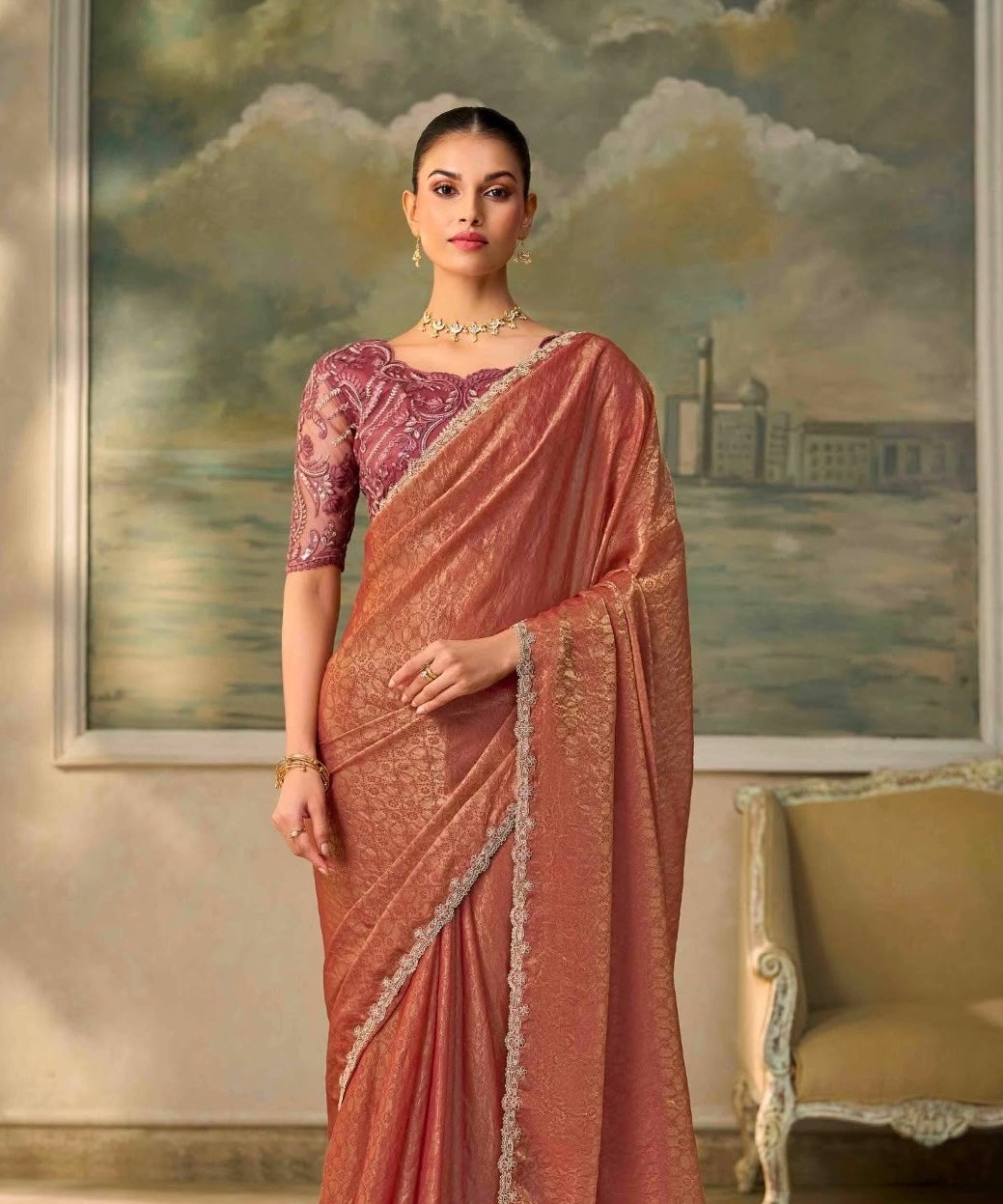 Copper Peach Cocktail Ready To Wear/Easy Saree by Stylebypanaash 