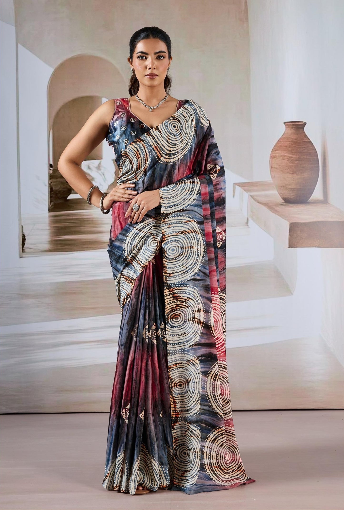 Black Multicolor Crepe Silk Readymade/Easy Saree