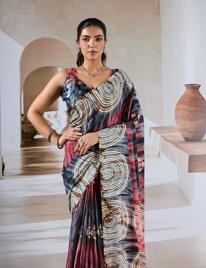 Black Multicolor Crepe Silk Readymade/Easy Saree