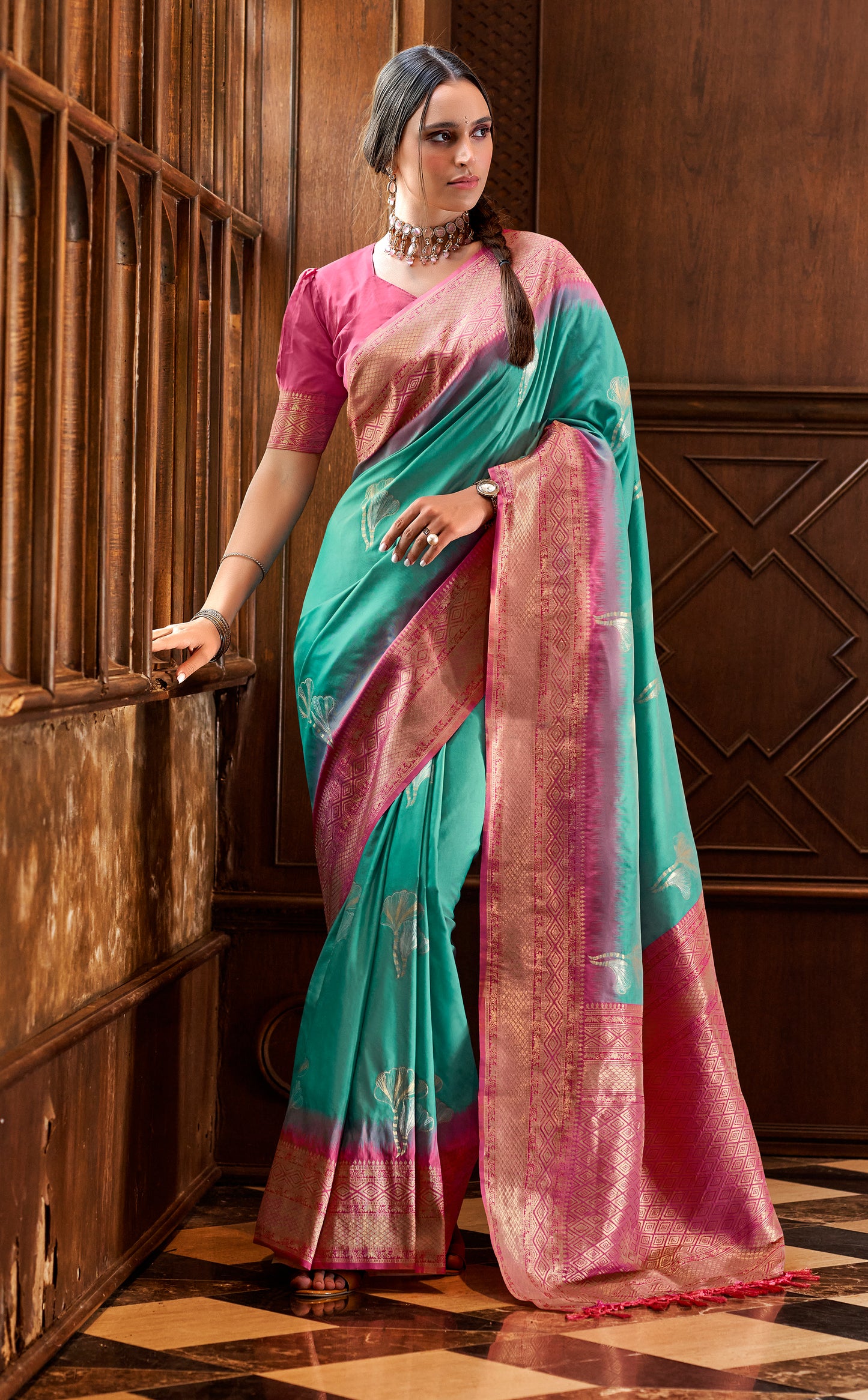 Sea Green Silk Readymade/Easy Saree