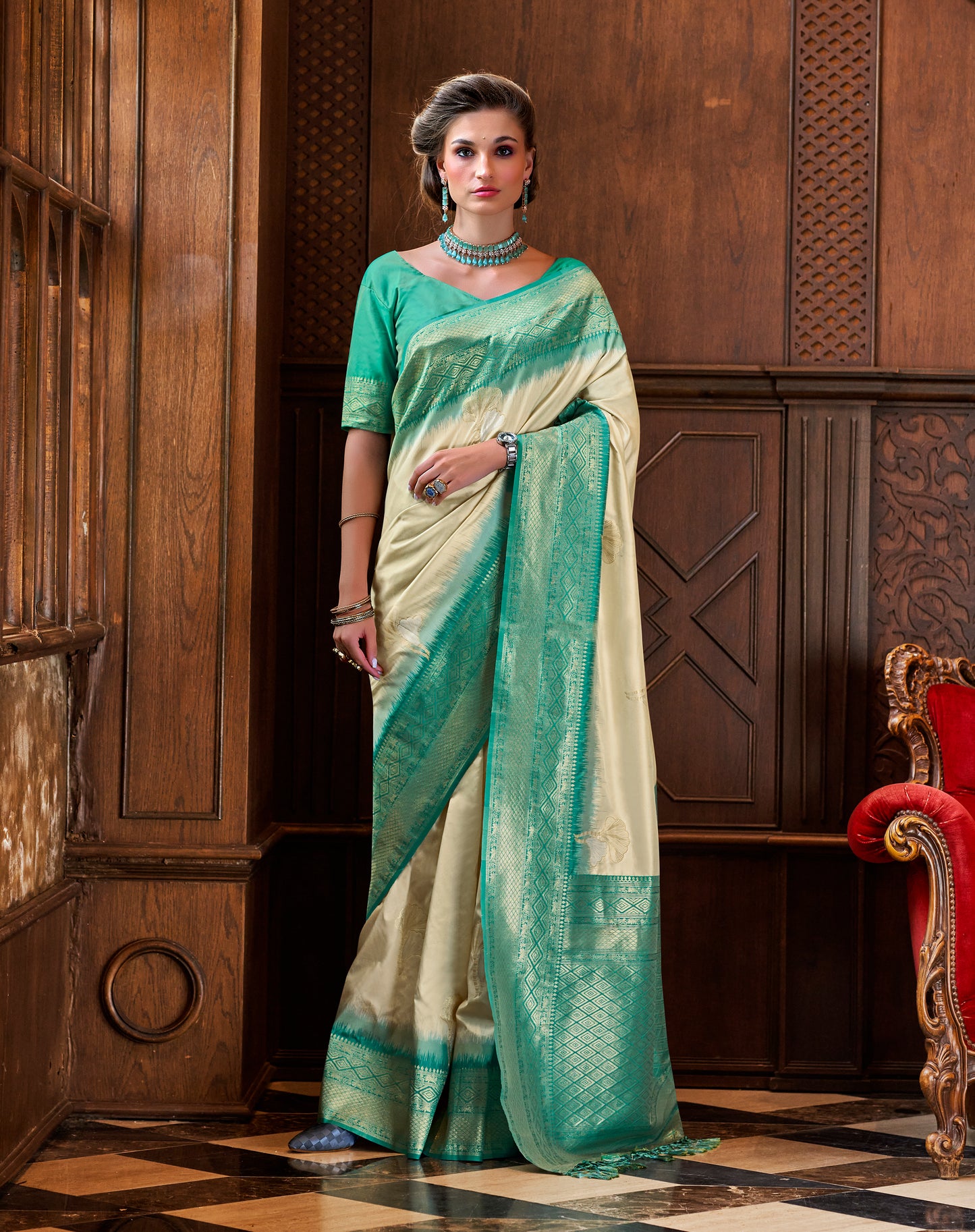 Off White Soft Silk Readymade/Easy Saree