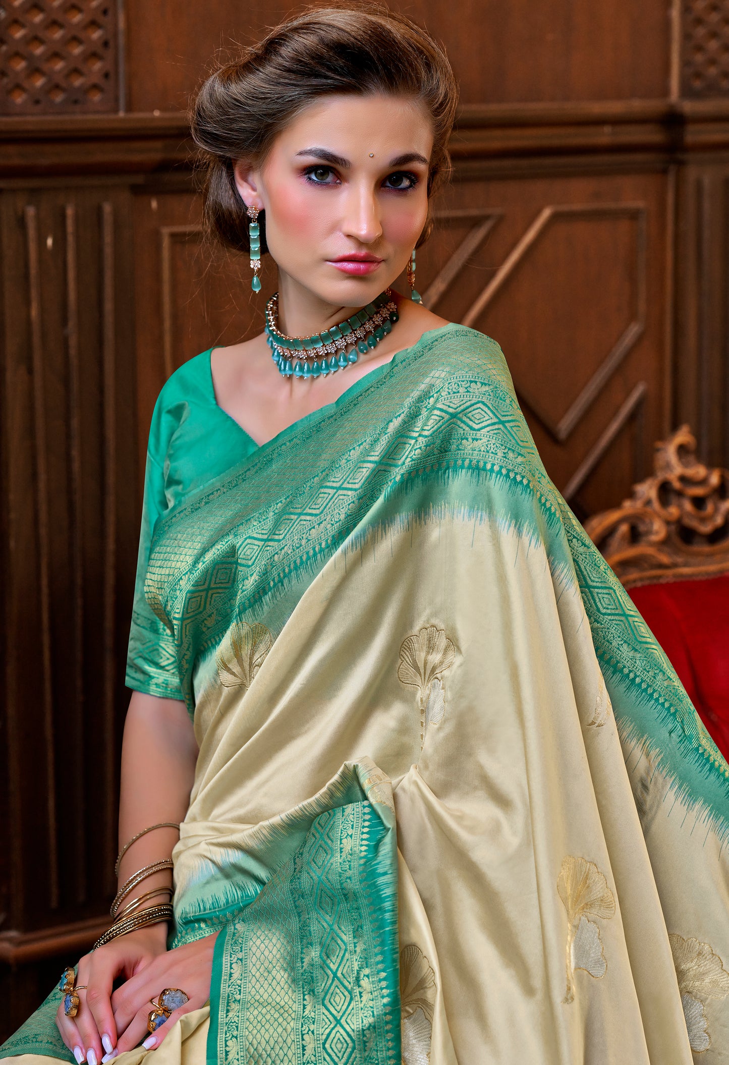 Off White Soft Silk Readymade/Easy Saree