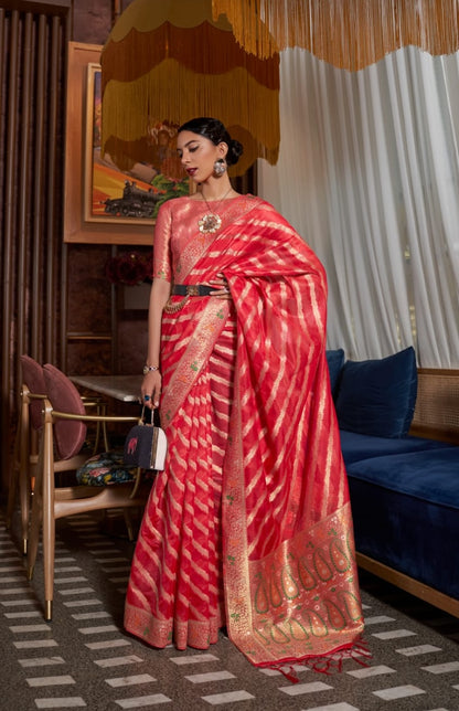Red Organza Readymade/Easy Saree