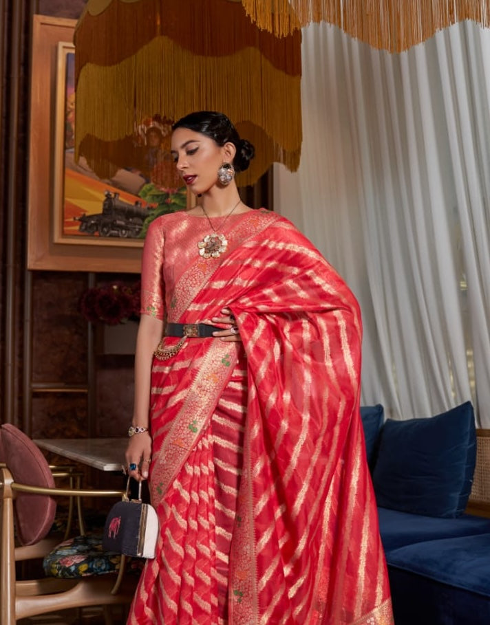 Red Organza Readymade/Easy Saree