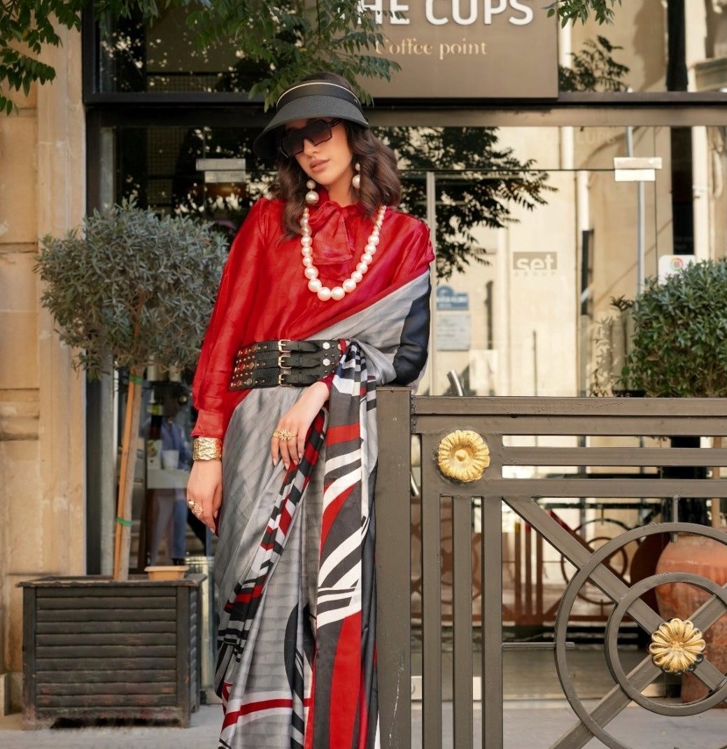 Grey Multicolour Crepe Silk Readymade/Easy Saree - Panaash Saree