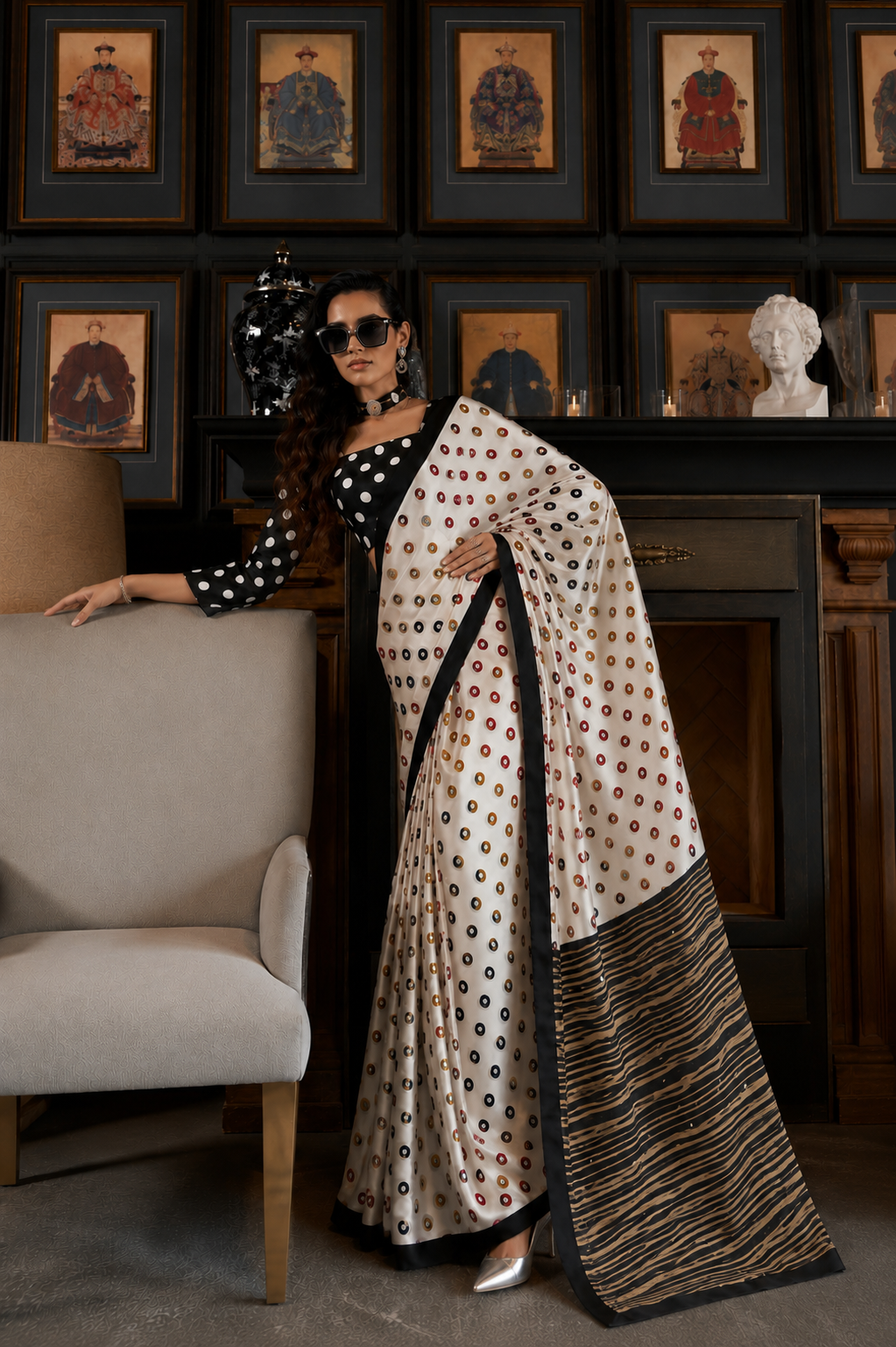 Ready-to-wear saree worn, cream polka dots with mirror accents and dark striped border