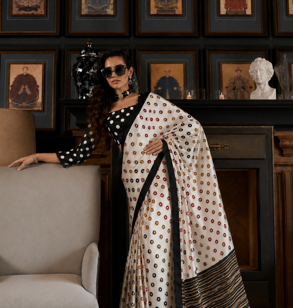 Ready-to-wear saree drape, cream and black polka dots with mirror shine, striped hem
