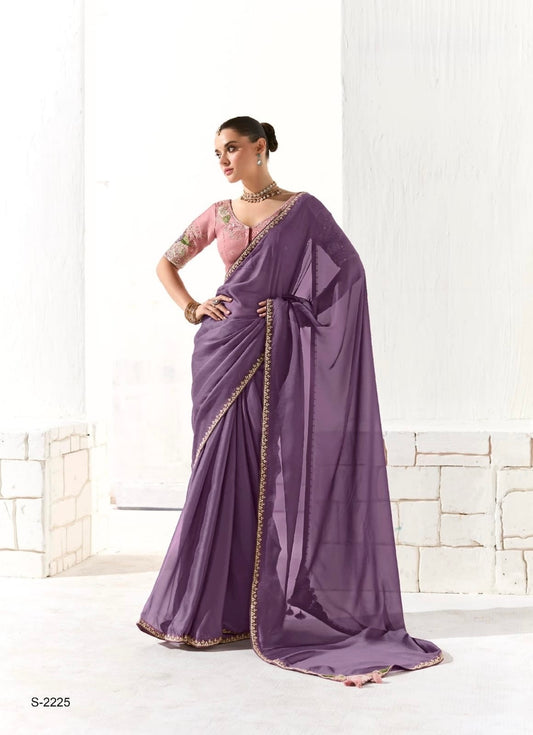 Lavender Organza Readymade Saree With Fancy Blouse Piece