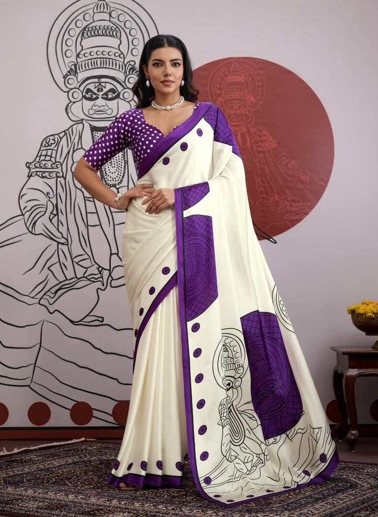 Purple and White Crepe Silk Readymade/Easy Saree