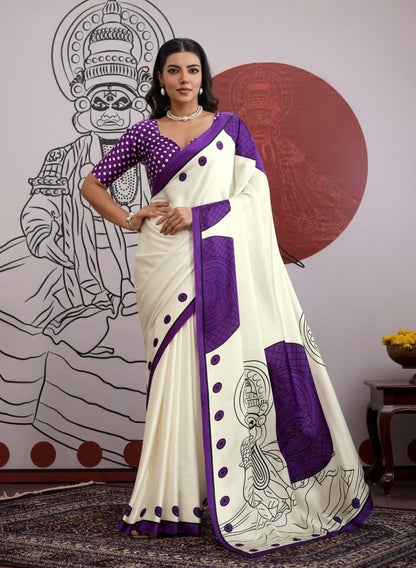 Purple and White Crepe Silk Readymade/Easy Saree