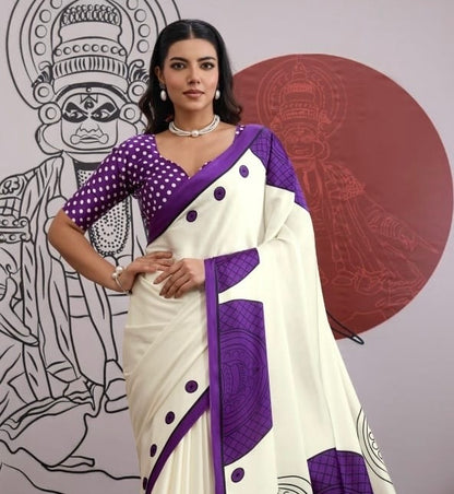 Purple and White Crepe Silk Readymade/Easy Saree
