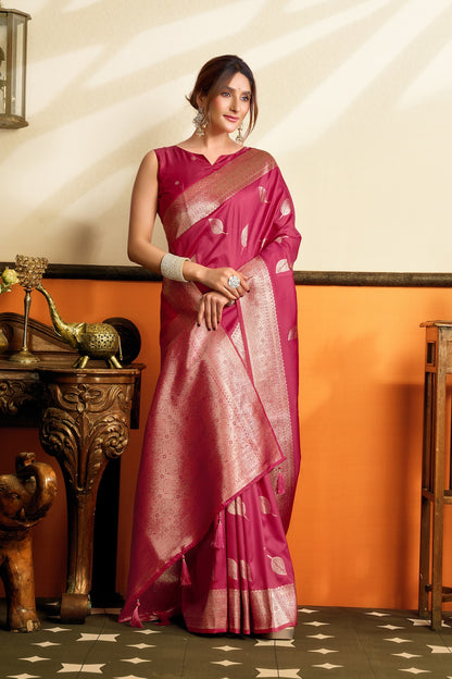 Pink ready-to-wear silk saree with gold border and leaf motifs, draped over one shoulder