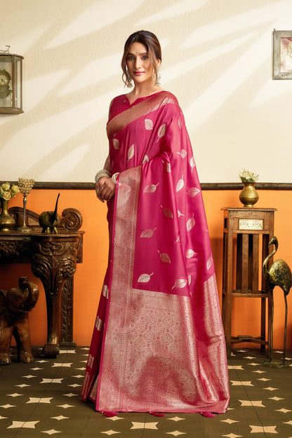 Pink ready-to-wear silk saree with ornate gold border and repeating leaf pattern, full drape