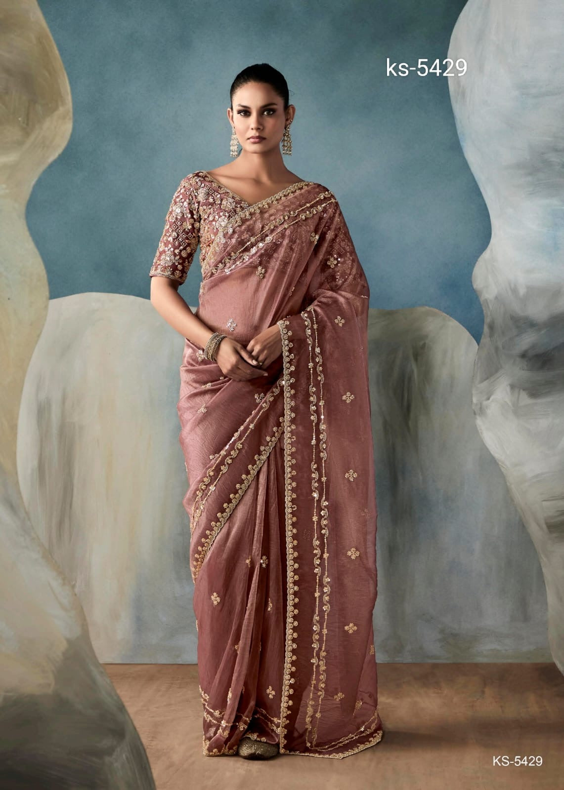 Mocha Organza Readymade/Easy Saree With Fancy Blouse Piece