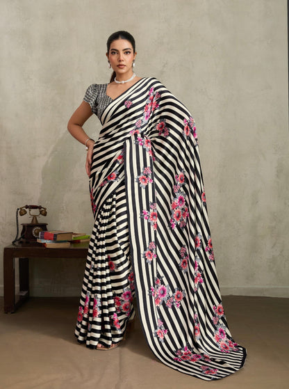 Black and white Stripe Crepe Silk Readymade/Easy Saree