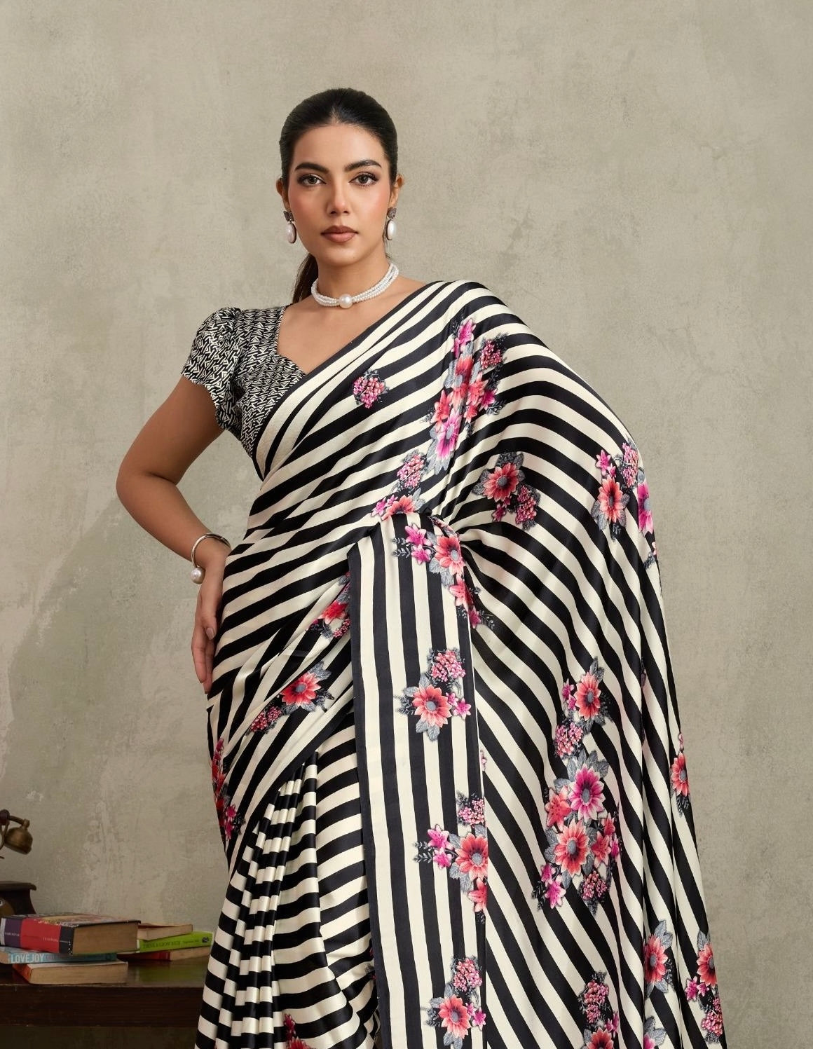 Black and white Stripe Crepe Silk Readymade/Easy Saree