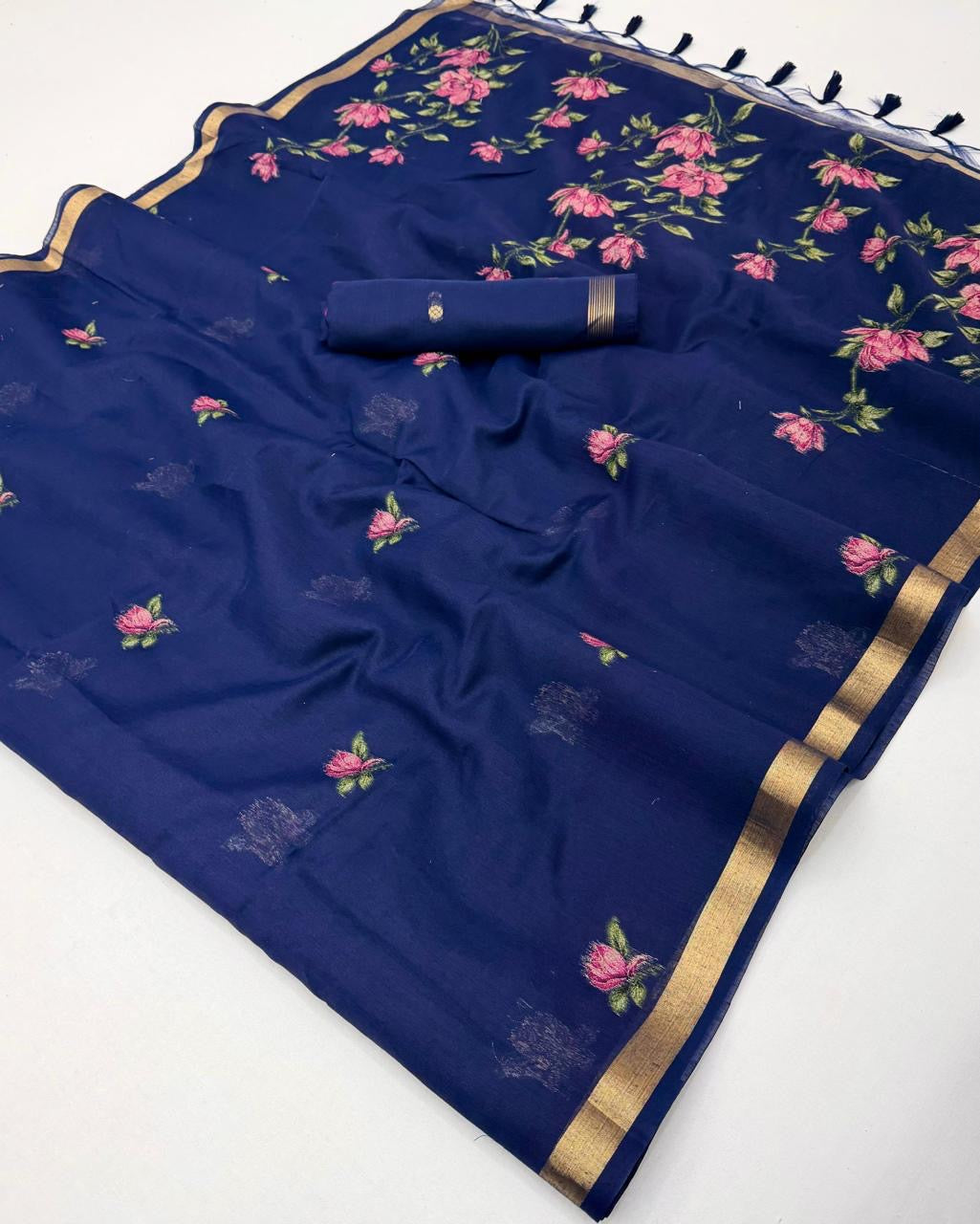 Navy Blue Munga Silk  Ready To Wear/Easy Saree by Sylebypanaash