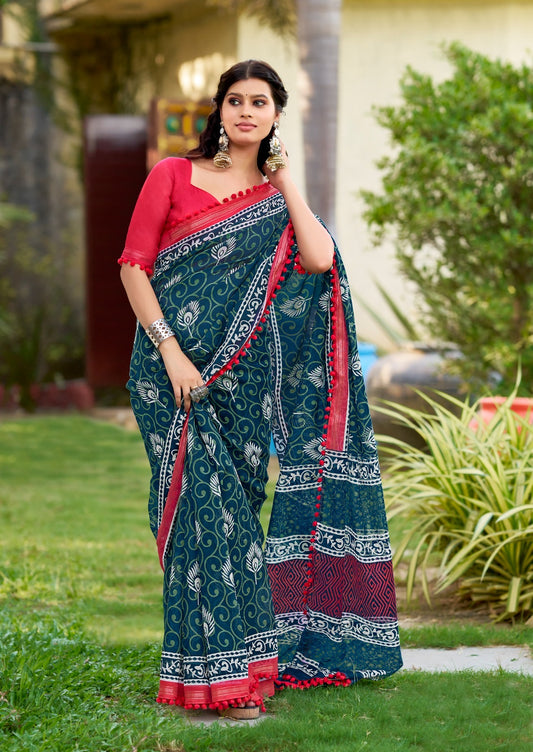 Turquoise Mul Mul Cotton Easy/Readymade Saree