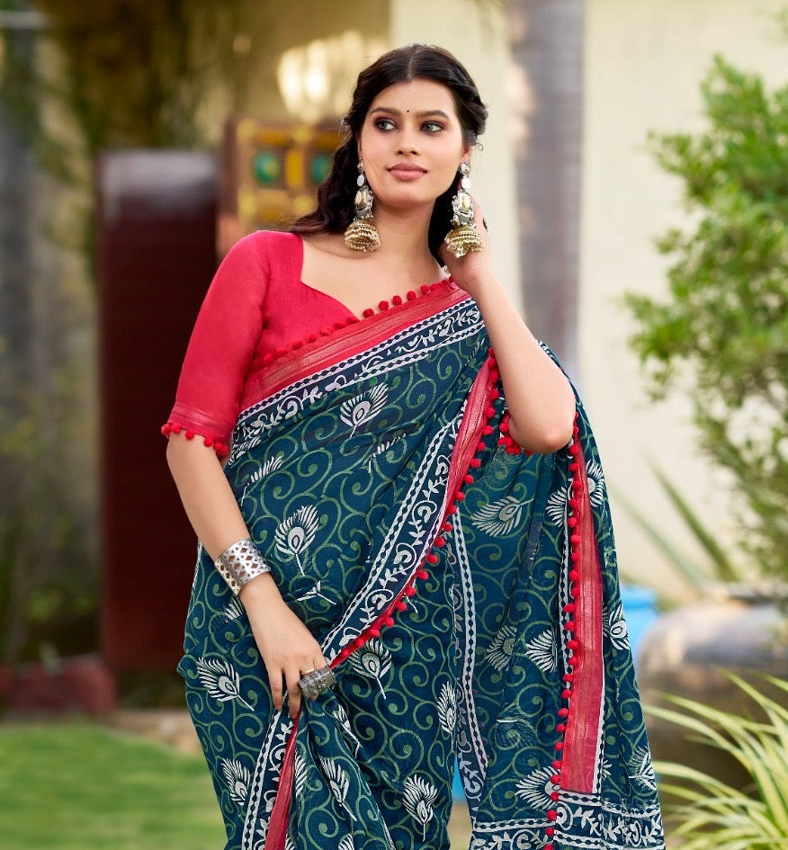 Turquoise Mul Mul Cotton Easy/Readymade Saree