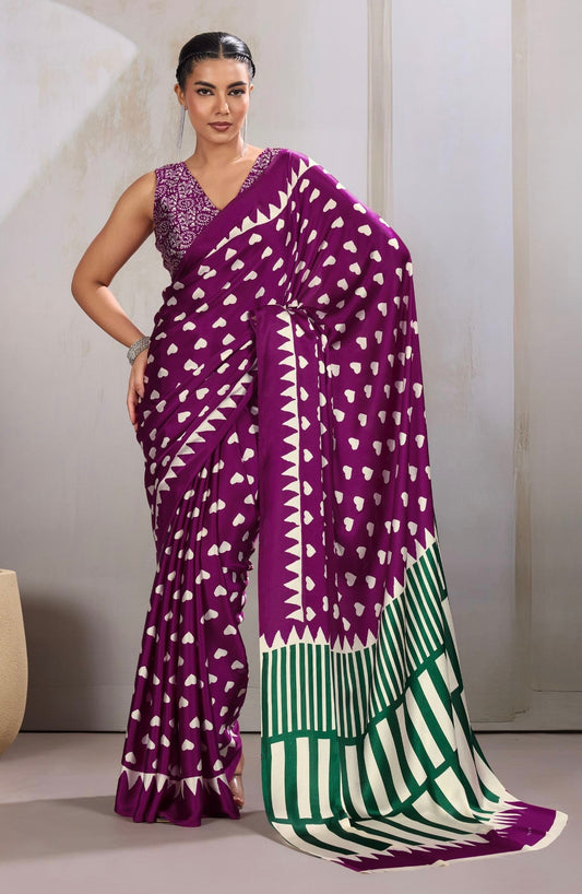 Plum Heart Dot Readymade Crepe Silk Saree
