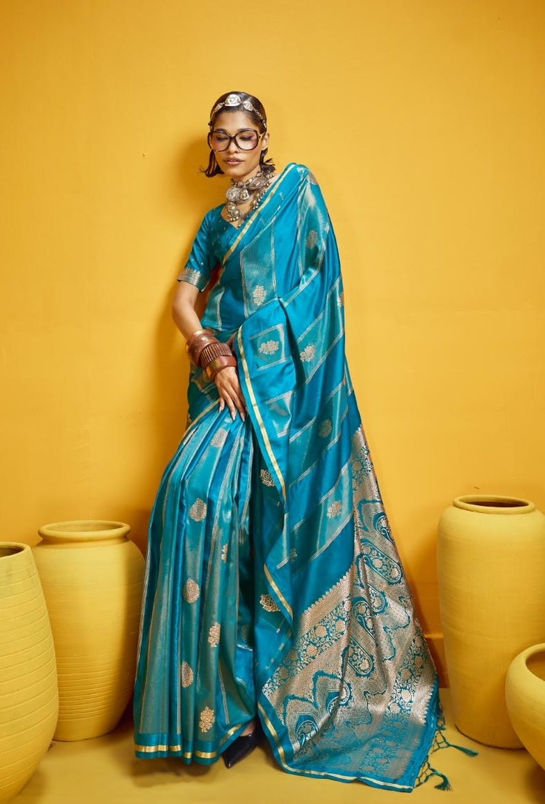 Blue Satin Silk Ready to wear/Easy Saree - Panaash Saree