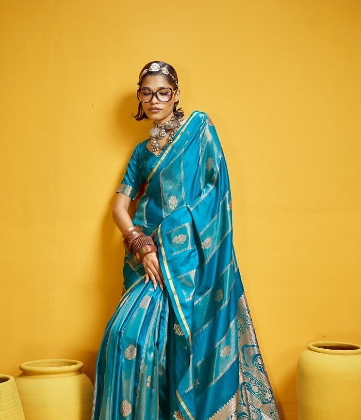 Blue Satin Silk Ready to wear/Easy Saree - Panaash Saree