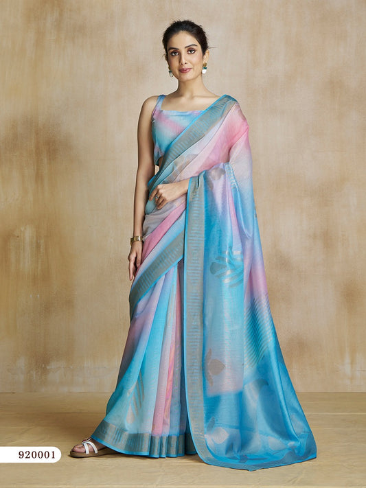 Light Blue Digital Print Silk Readymade/Easy Saree